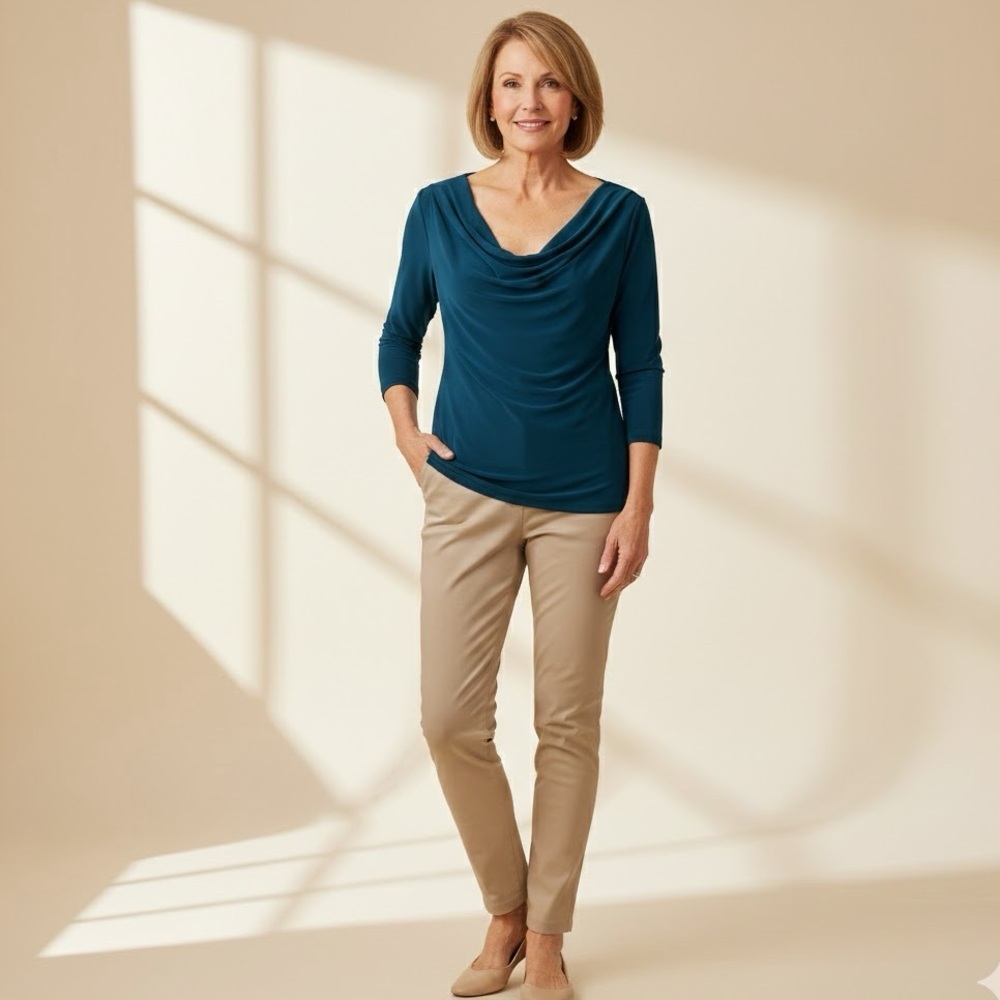 Sympli Teal Blue 3/4 Sleeves Stretchy Slinky Cowl Neck Top Size 6 Office Work